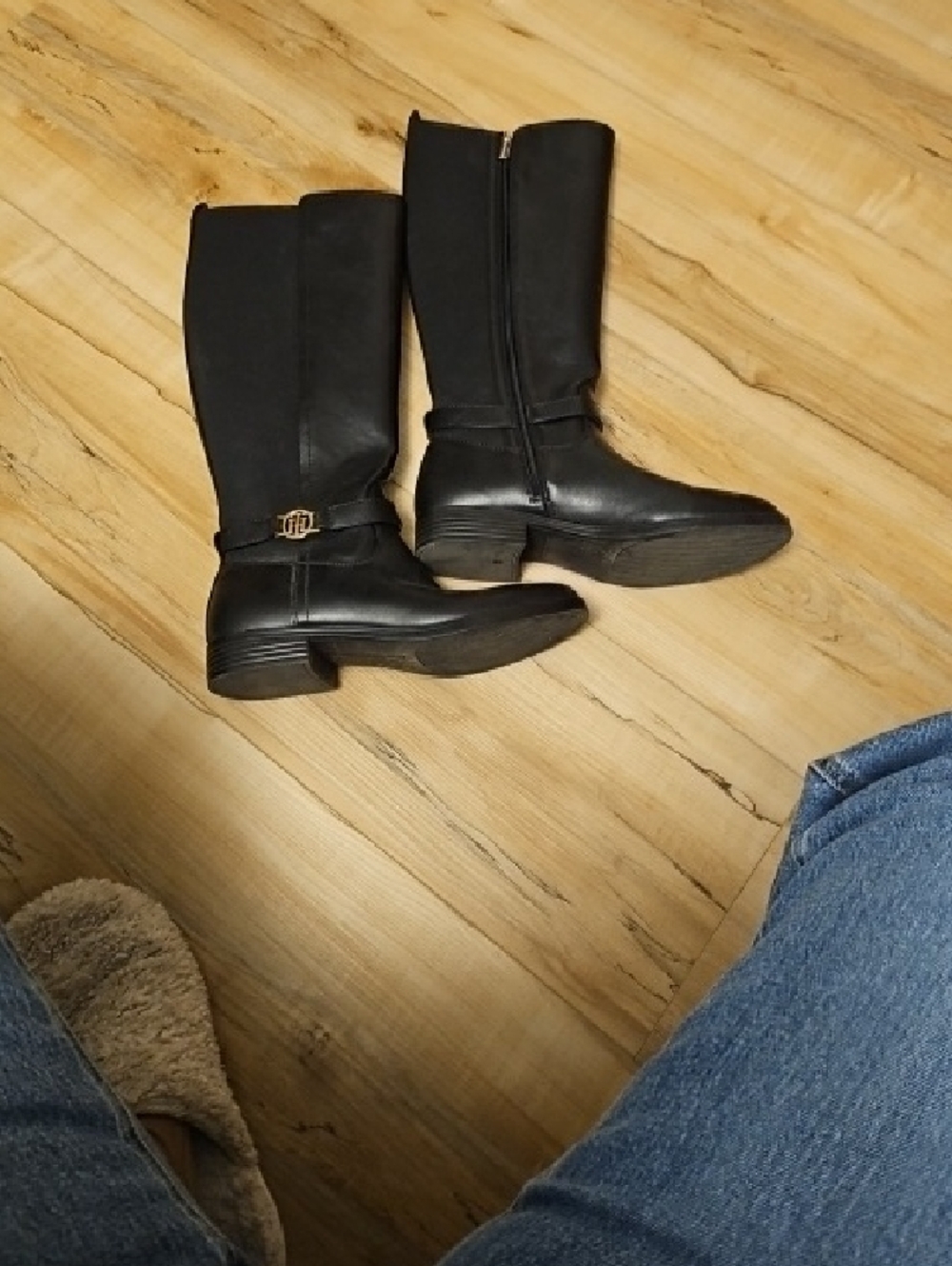 Black Tall Riding Boots with Gold Accent - Picture 2 of 4